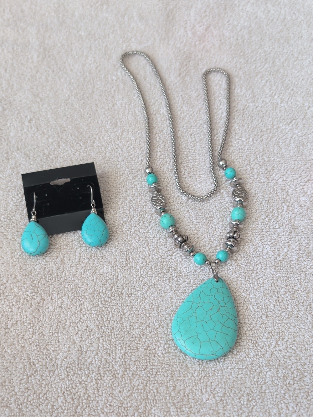 Turquoise Teardrop Pendant Necklace and Earring Set - Turquoise